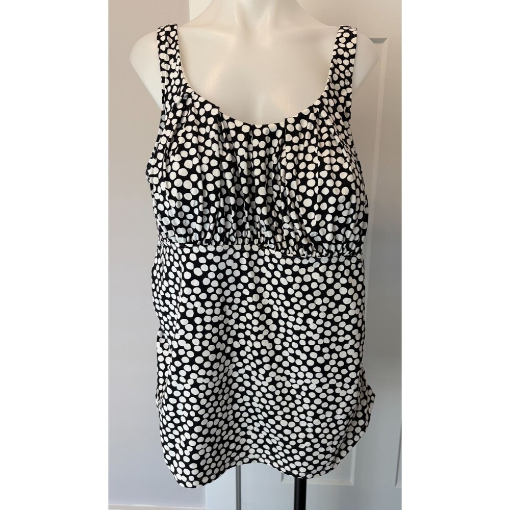 LANDS END Womens SWIM TOP Bathing Suit BLACK White DOTS Built-In Bra Size 22W